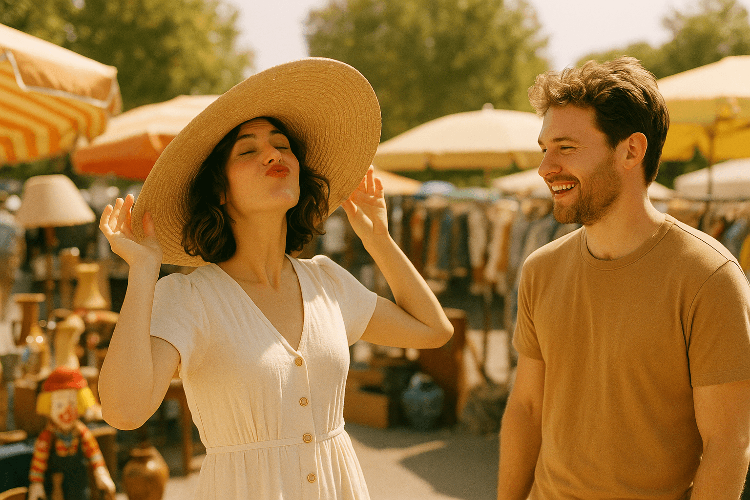 A couple laughing together at a flea market — she poses playfully in a straw hat while he watches with adoring amusement